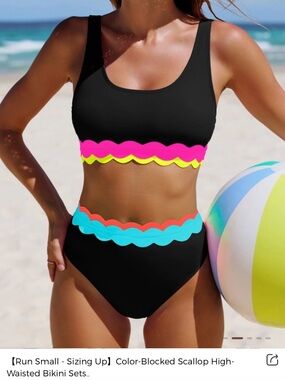 Popvil Black Scallop Trim Bikini Set with Neon Accents